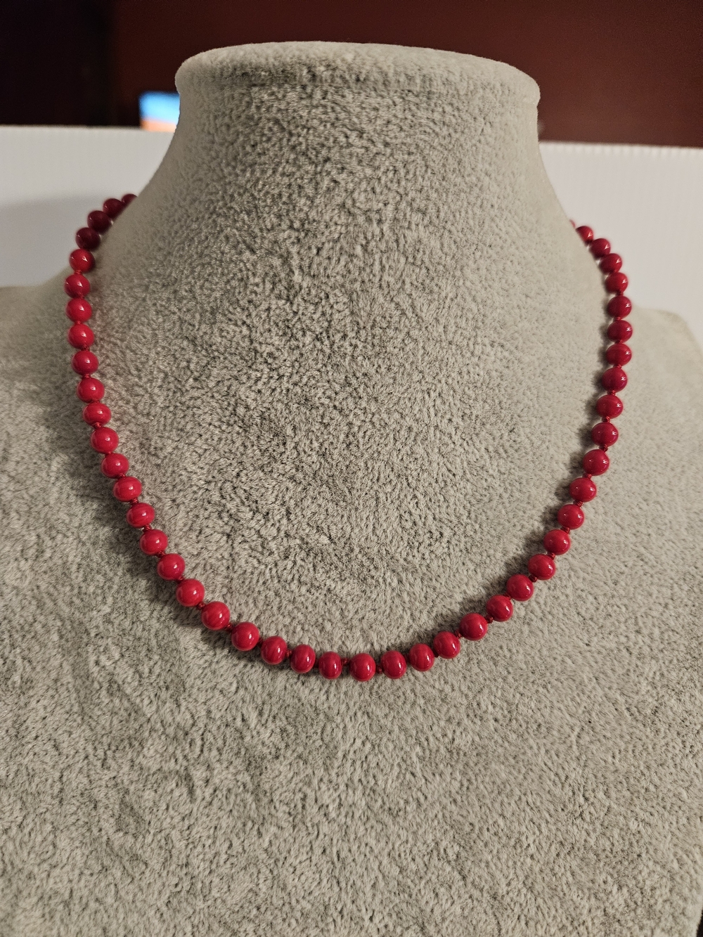 Vintage 50s-60s Monet Hand Knotted Red Glass Bead Necklace 17 Inches